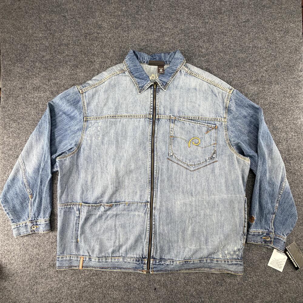 Vtg Deadstock Rocawear Jacket Mens 2XL Blue Denim Bomber Zip Back Logo Hip Hop